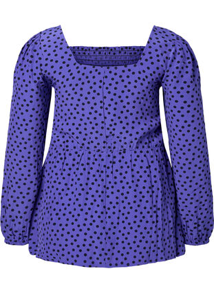 Gestippelde viscose blouse met smok, R.Blue w. Black Dot, Packshot image number 1