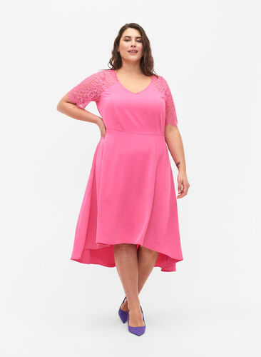 Midi-jurk met korte kanten mouwen, Shocking Pink, Model image number 0