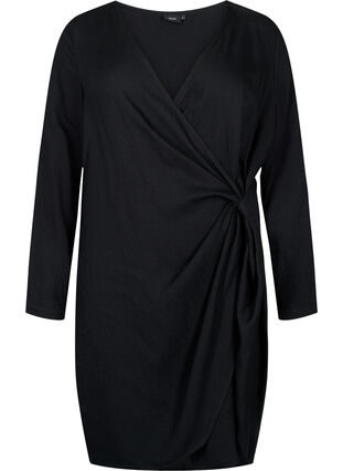 Viscose jurk met lange mouwen en wikkel-look, Black, Packshot image number 0
