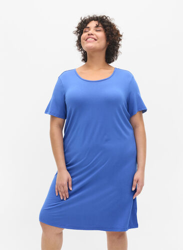 Viscose jurk met rugdetail en korte mouwen, Dazzling Blue, Model image number 0