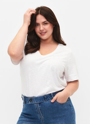 T-shirt basique à manches courtes et col en V, Bright White, Model image number 0