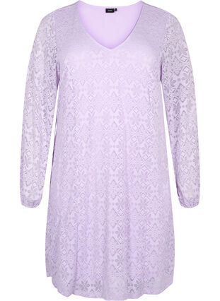 Kanten jurk met v-snit en lange mouwen, Pastel Lilac, Packshot image number 0
