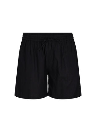 Losse shorts in katoenmix met linnen, Black, Packshot image number 0