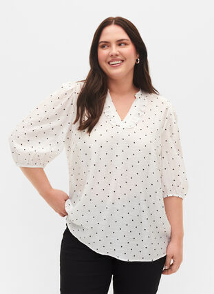 Gestippelde blouse met 3/4 mouwen in viscose, White Dot, Model image number 0