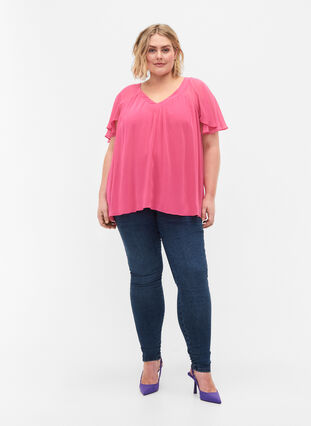 Effen blouse met vleermuismouwen en v-hals, Shocking Pink, Model image number 2