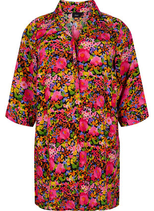 Tunique en viscose à fleurs avec manches 3/4, Neon Flower Print, Packshot image number 0
