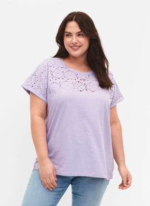 T-shirt ample avec broderie anglaise, Lavender, Model image number 0