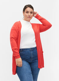 Long cardigan tricoté dans un mélange de viscose, Poppy Red, Model