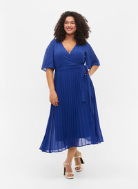 Geplooide midi jurk met korte mouwen, Clematis Blue, Model