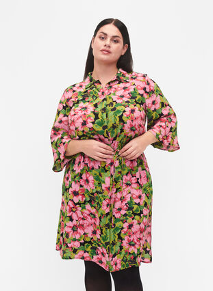 Robe chemise en viscose à imprimé floral, Pink G. Flower AOP, Model image number 0