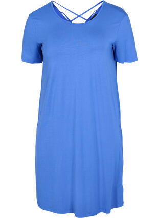 Robe en viscose à manches courtes avec détail au dos, Dazzling Blue, Packshot image number 0
