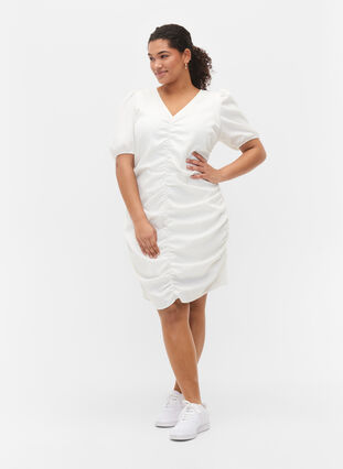 Robe à manches courtes, drapée et structurée, Bright White, Model image number 3