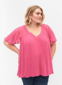 Effen blouse met vleermuismouwen en v-hals, Shocking Pink, Model