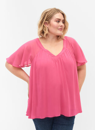 Effen blouse met vleermuismouwen en v-hals, Shocking Pink, Model image number 0