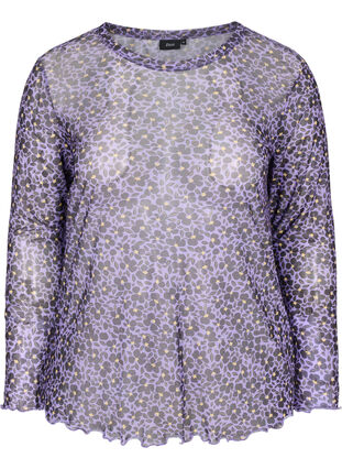 Blouse moulante en mesh avec motif floral, Purple AOP, Packshot image number 0
