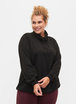 Sweat-shirt à col montant et cordon élastique réglable, Black, Model image number 0
