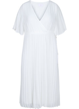 Geplooide midi jurk met korte mouwen, Star White, Packshot image number 0