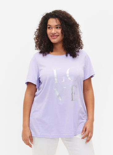 Katoenen t-shirt met korte mouwen en opdruk, Lavender W. Love, Model image number 0