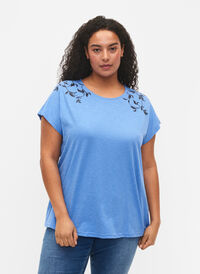 T-shirt en coton avec imprimé feuilles, Ultramarine C Leaf, Model