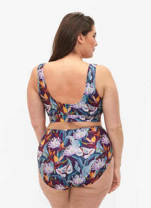 Bas de bikini taille haute avec imprimé, Deep Tropical Print, Model image number 1