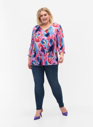 Geplooide blouse met 3/4 mouwen, Lavender Space AOP, Model image number 2