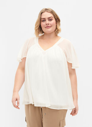 Effen blouse met vleermuismouwen en v-hals, Warm Off-white, Model image number 0