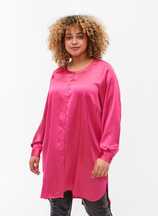 Longue chemise brillante avec fente, Pink Flambé, Model image number 0