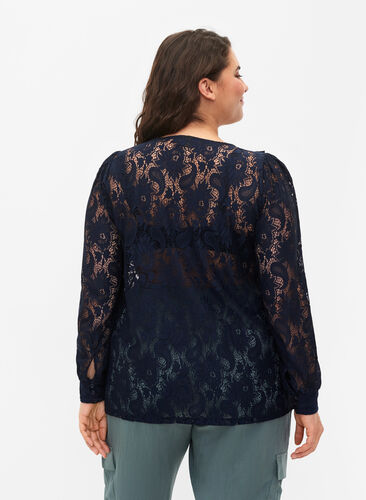 Kanten blouse met franje, Navy, Model image number 1