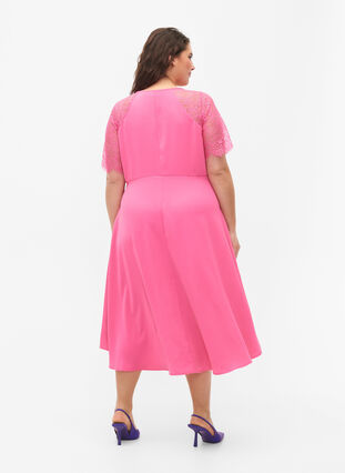 Midi-jurk met korte kanten mouwen, Shocking Pink, Model image number 1