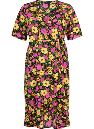 Robe cache-cœur imprimée à manches courtes, Yellow Pink Flower, Packshot image number 0