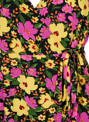Robe cache-cœur imprimée à manches courtes, Yellow Pink Flower, Packshot image number 2