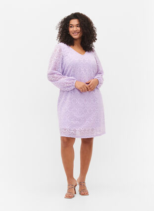 Kanten jurk met v-snit en lange mouwen, Pastel Lilac, Model image number 3