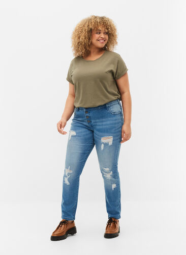 Ripped Emily jeans met normale taille, Blue denim, Model image number 0