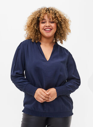 Viscose blouse met lange mouwen en smok, Navy Blazer, Model image number 0