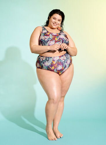 Bikinibroekje met hoge taille en print, Deep Tropical Print, Image image number 0