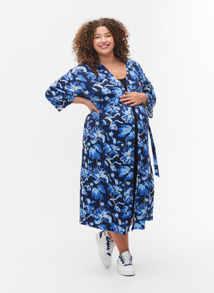 Kimono de maternité à manches 3/4, Blue Flower Print, Model image number 0