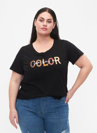 T-shirt en coton avec imprimé, Black COLOR, Model
