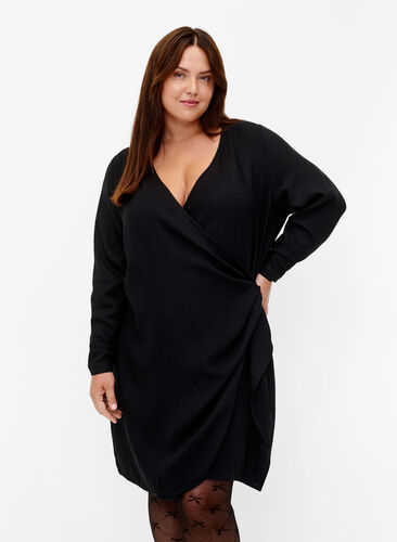 Viscose jurk met lange mouwen en wikkel-look, Black, Model image number 0