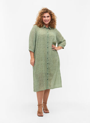 Robe chemise à pois avec manches 3/4 et fente, Seagrass Dot, Model image number 0