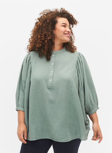 Viscose-Linen Mix Shirt Blouse met 3/4 Mouwen, Chinois Green, Model image number 0