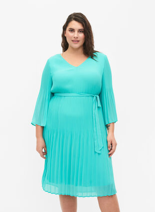 Geplooide jurk met 3/4 mouwen, Turquoise, Model image number 0