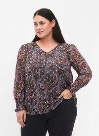 Paisley blouse met lange mouwen en v-hals, Blue Paisley AOP, Model