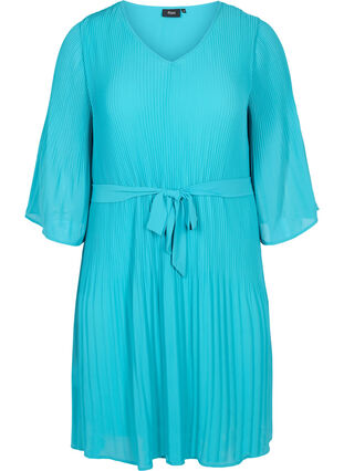 Geplooide jurk met 3/4 mouwen, Turquoise, Packshot image number 0