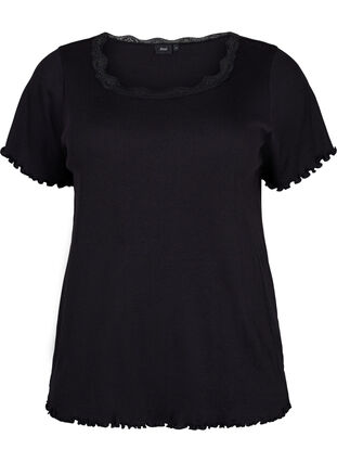 Nachthemd met korte mouwen en kanten randje, Black, Packshot image number 0
