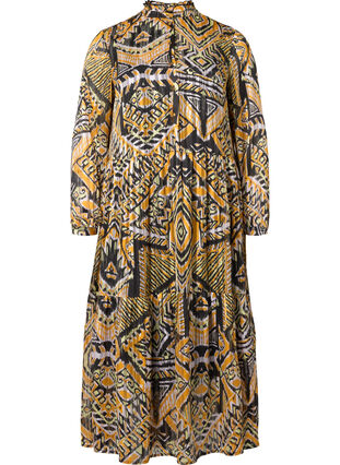 Bedrukte midi-jurk met knopen, Yellow Aztec AOP, Packshot image number 0