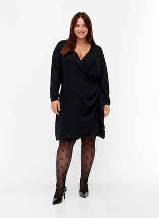 Viscose jurk met lange mouwen en wikkel-look, Black, Model image number 2
