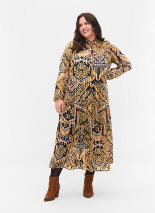 Bedrukte midi-jurk met knopen, Yellow Aztec AOP, Model image number 0