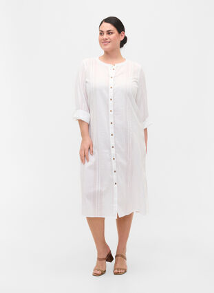 Robe-chemise en coton à manches 3/4, Bright White, Model image number 2