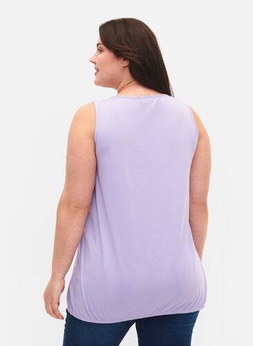Top en coton avec col rond et bordure en dentelle, Lavender, Model image number 1