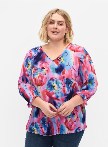 Geplooide blouse met 3/4 mouwen, Lavender Space AOP, Model image number 0
